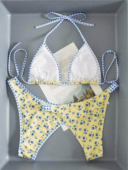 Swim Vcay Women's Swimwear Set, Fashionable Polka Dot Print Trim, Backless, Spaghetti Straps, Tie Waist, Triangle Swim Bottoms, Beach, Casual