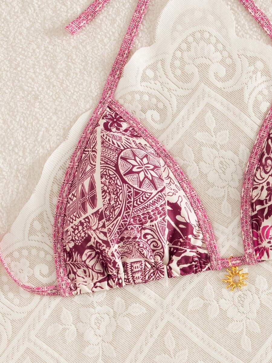 Women's 2-Piece Boho Halter Bikini Set - Gold Accessory, High-Cut, Floral Print, Multicolor