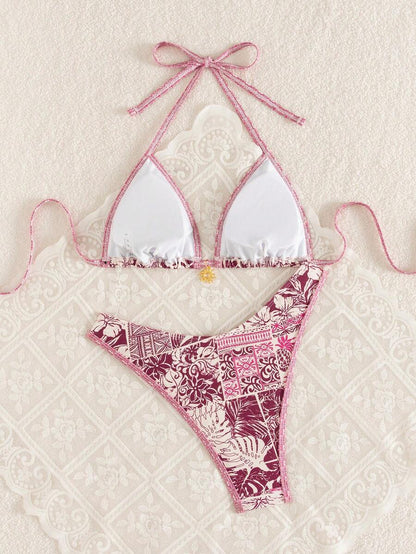Women's 2-Piece Boho Halter Bikini Set - Gold Accessory, High-Cut, Floral Print, Multicolor