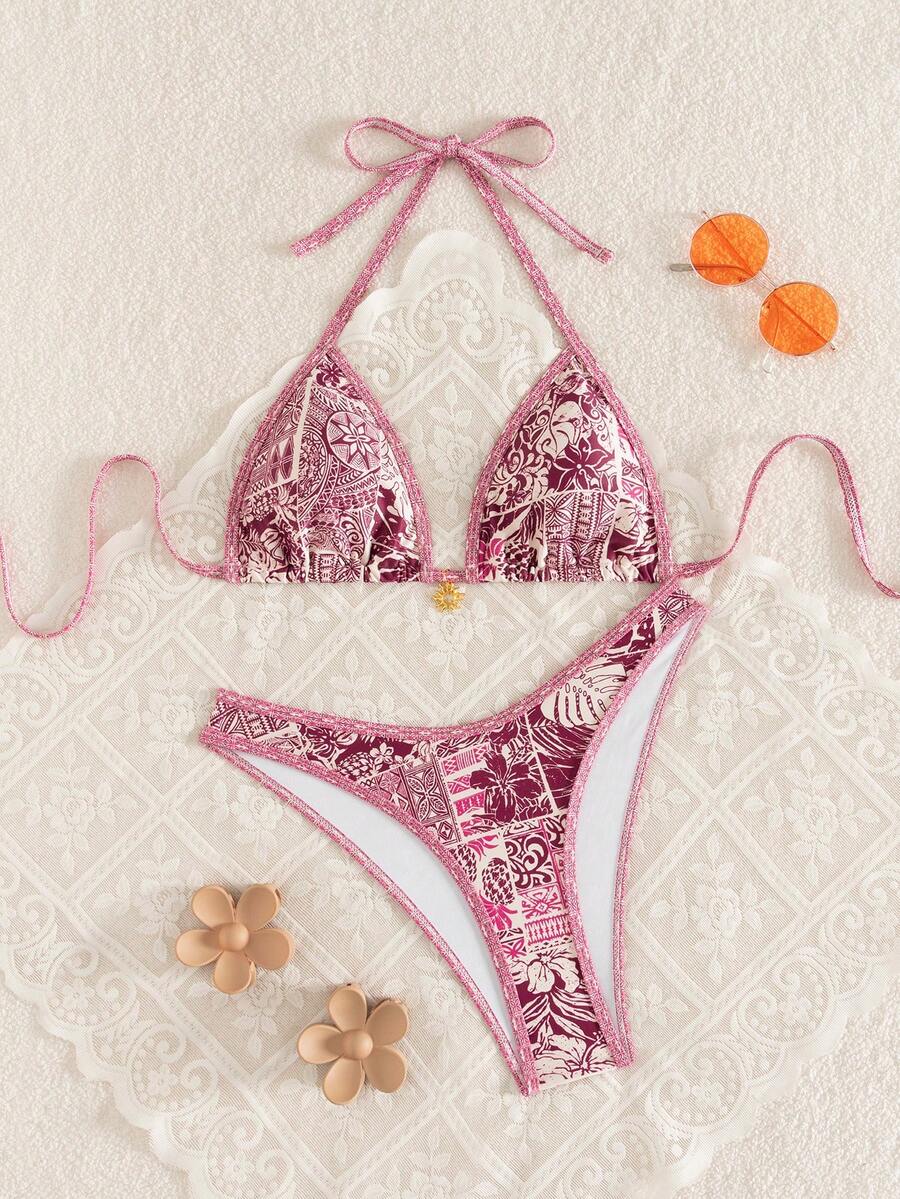 Women's 2-Piece Boho Halter Bikini Set - Gold Accessory, High-Cut, Floral Print, Multicolor