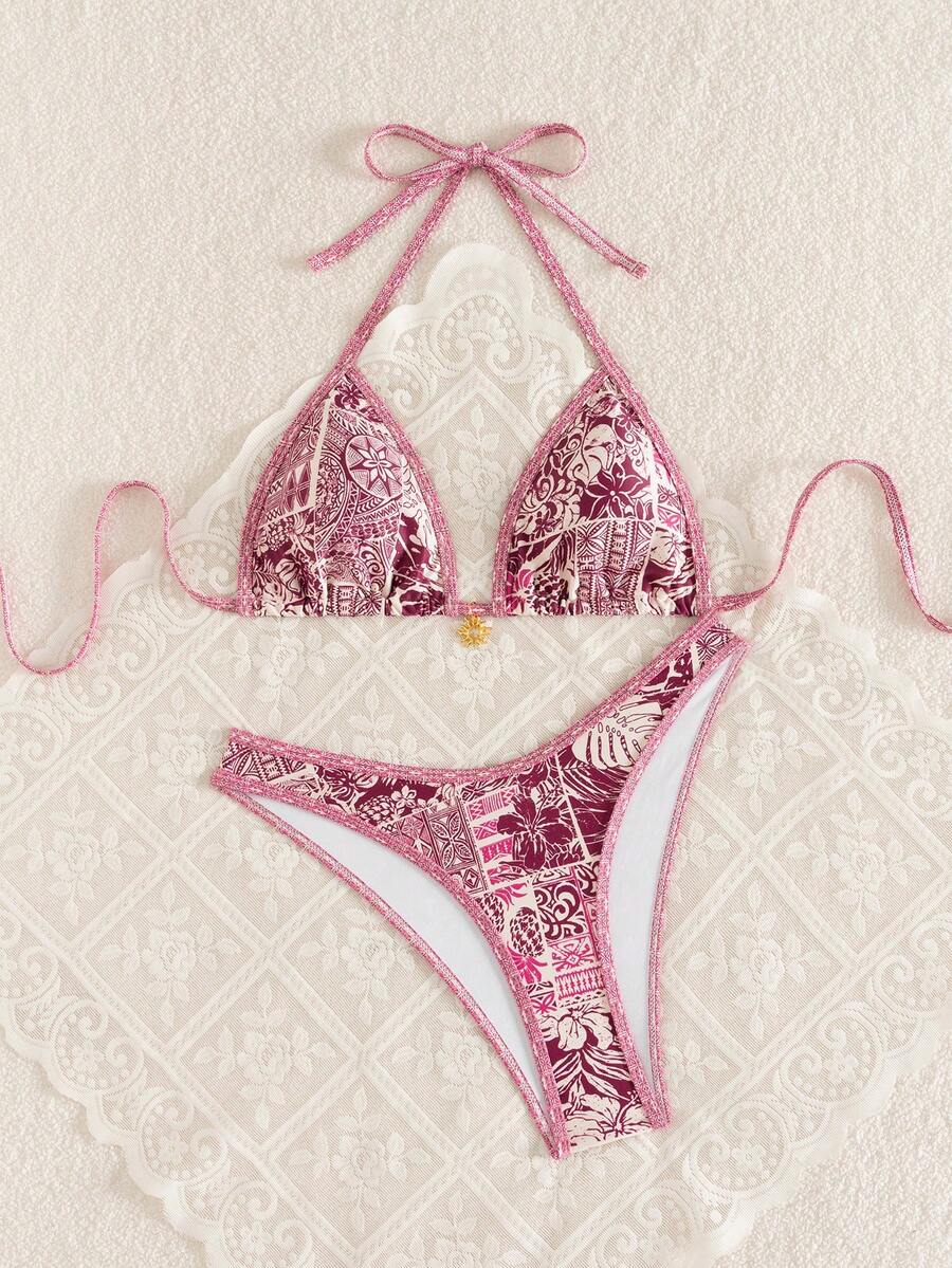 Women's 2-Piece Boho Halter Bikini Set - Gold Accessory, High-Cut, Floral Print, Multicolor