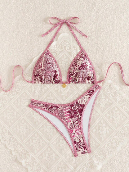 Women's 2-Piece Boho Halter Bikini Set - Gold Accessory, High-Cut, Floral Print, Multicolor