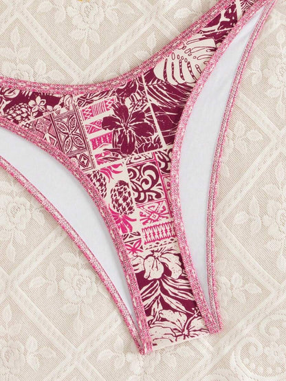 Women's 2-Piece Boho Halter Bikini Set - Gold Accessory, High-Cut, Floral Print, Multicolor