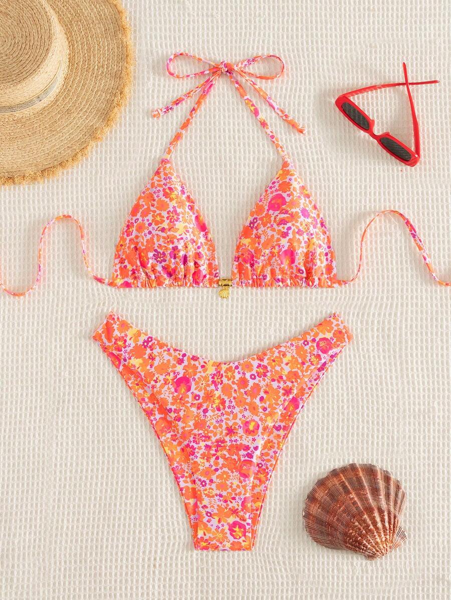 Swim Mod Summer 2 Pieces Outfits For Women - Spaghetti Strap Random Print Top And High Cut Swim Bottoms, Beach Holiday Bikini Set