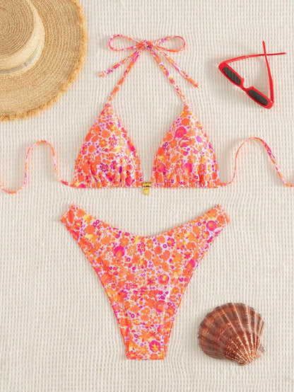 Swim Mod Summer 2 Pieces Outfits For Women - Spaghetti Strap Random Print Top And High Cut Swim Bottoms, Beach Holiday Bikini Set