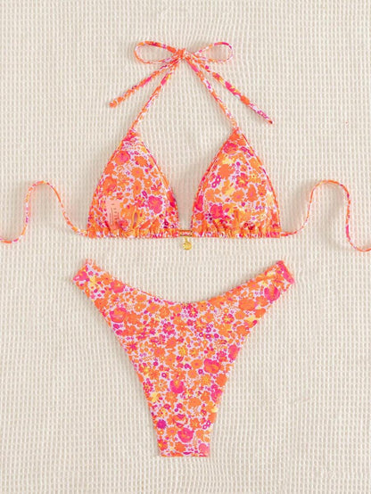 Swim Mod Summer 2 Pieces Outfits For Women - Spaghetti Strap Random Print Top And High Cut Swim Bottoms, Beach Holiday Bikini Set