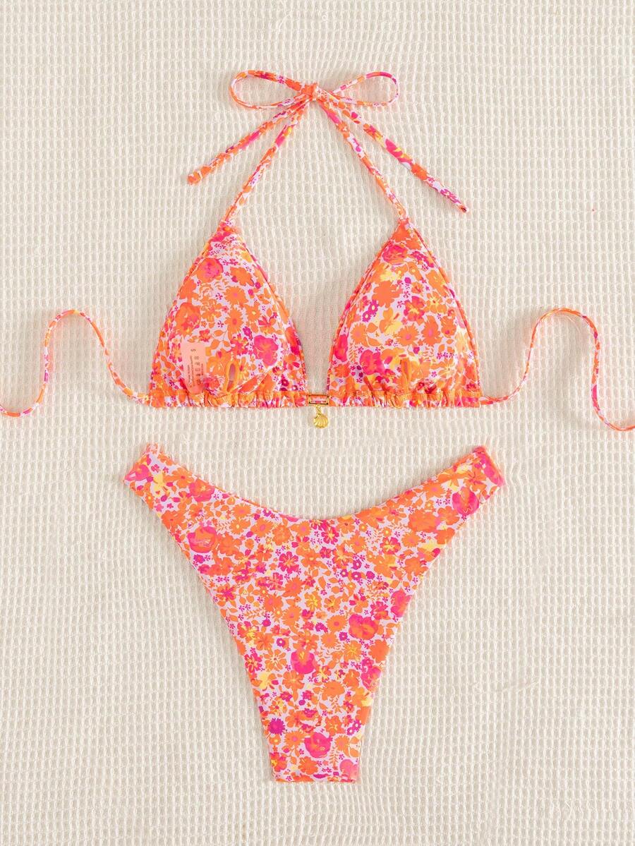Swim Vcay Swim Mod Summer 2pcs Halter Random Floral Print & High Cut Bottoms Bikini Set, Beach Vacation