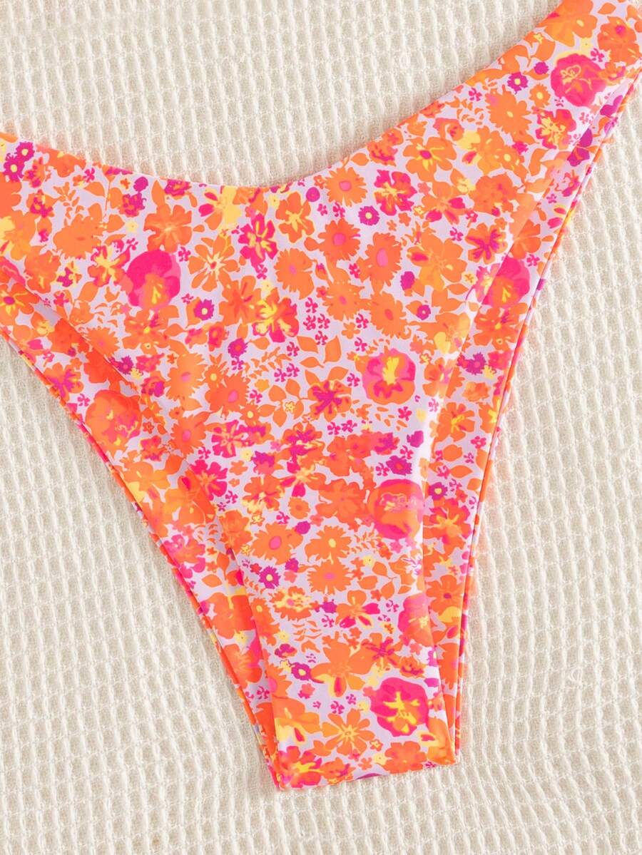 Swim Vcay Swim Mod Summer 2pcs Halter Random Floral Print & High Cut Bottoms Bikini Set, Beach Vacation