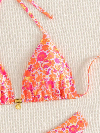 Swim Vcay Swim Mod Summer 2pcs Halter Random Floral Print & High Cut Bottoms Bikini Set, Beach Vacation