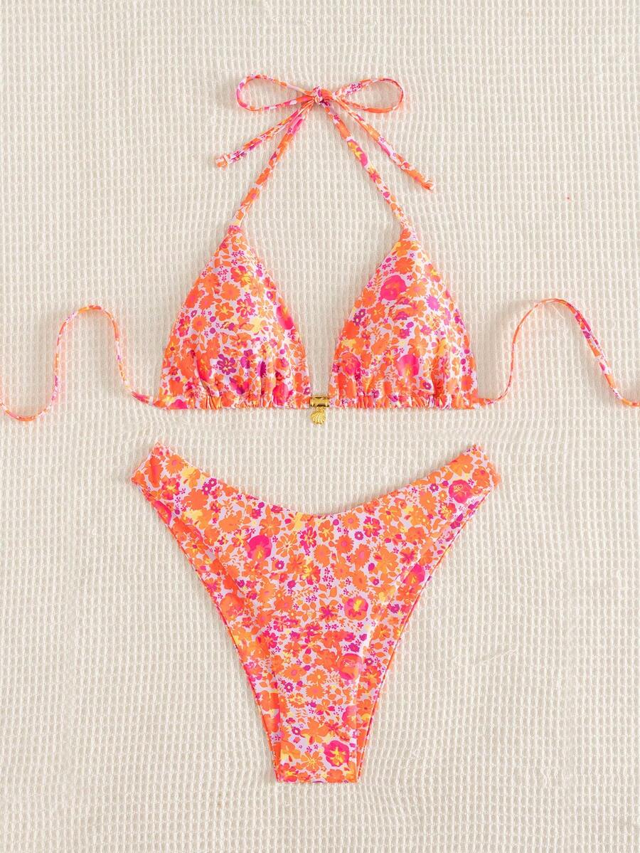 Swim Mod Summer 2 Pieces Outfits For Women - Spaghetti Strap Random Print Top And High Cut Swim Bottoms, Beach Holiday Bikini Set