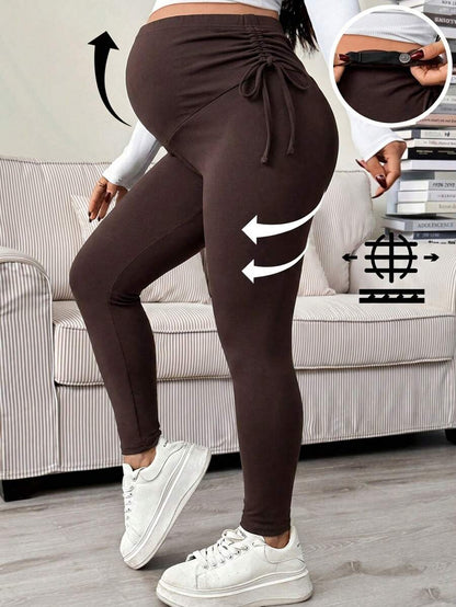 Maternity Ultra High Waist Adjustable Drawstring Cropped Leggings Solid Black High Stretch Casual Lounge Pants