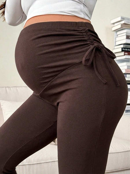 Maternity Ultra High Waist Adjustable Drawstring Cropped Leggings Solid Black High Stretch Casual Lounge Pants