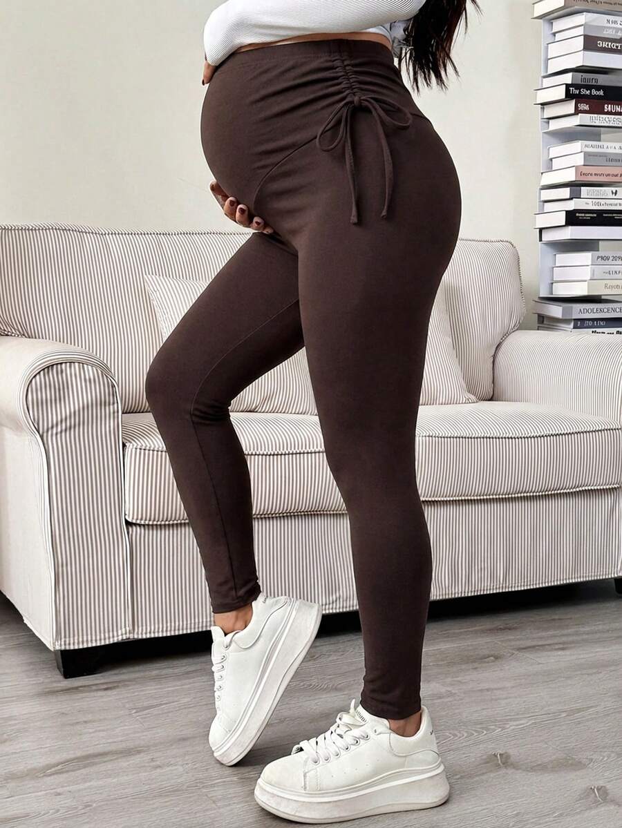 Maternity Ultra High Waist Adjustable Drawstring Cropped Leggings Solid Black High Stretch Casual Lounge Pants