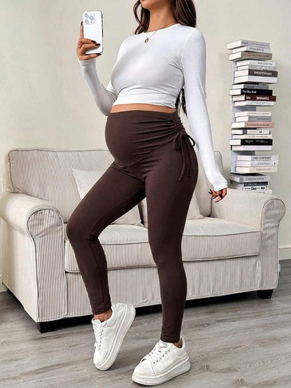 Maternity Casual Grey High Waist Cropped Leggings - Soft Knitted High Stretch Pregnancy Yoga Pants for Spring and Fall