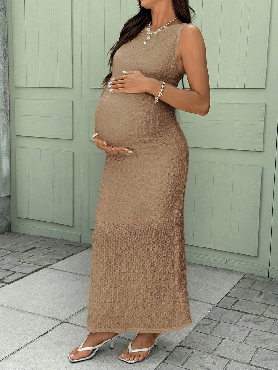 Solid Color Round Neck Ruffle Sleeveless Slim Fit Maternity Dress, Summer Maternity White Dress Maternity Maxi Dress Pregnancy Photoshoot Dress Knit Maxi Dress