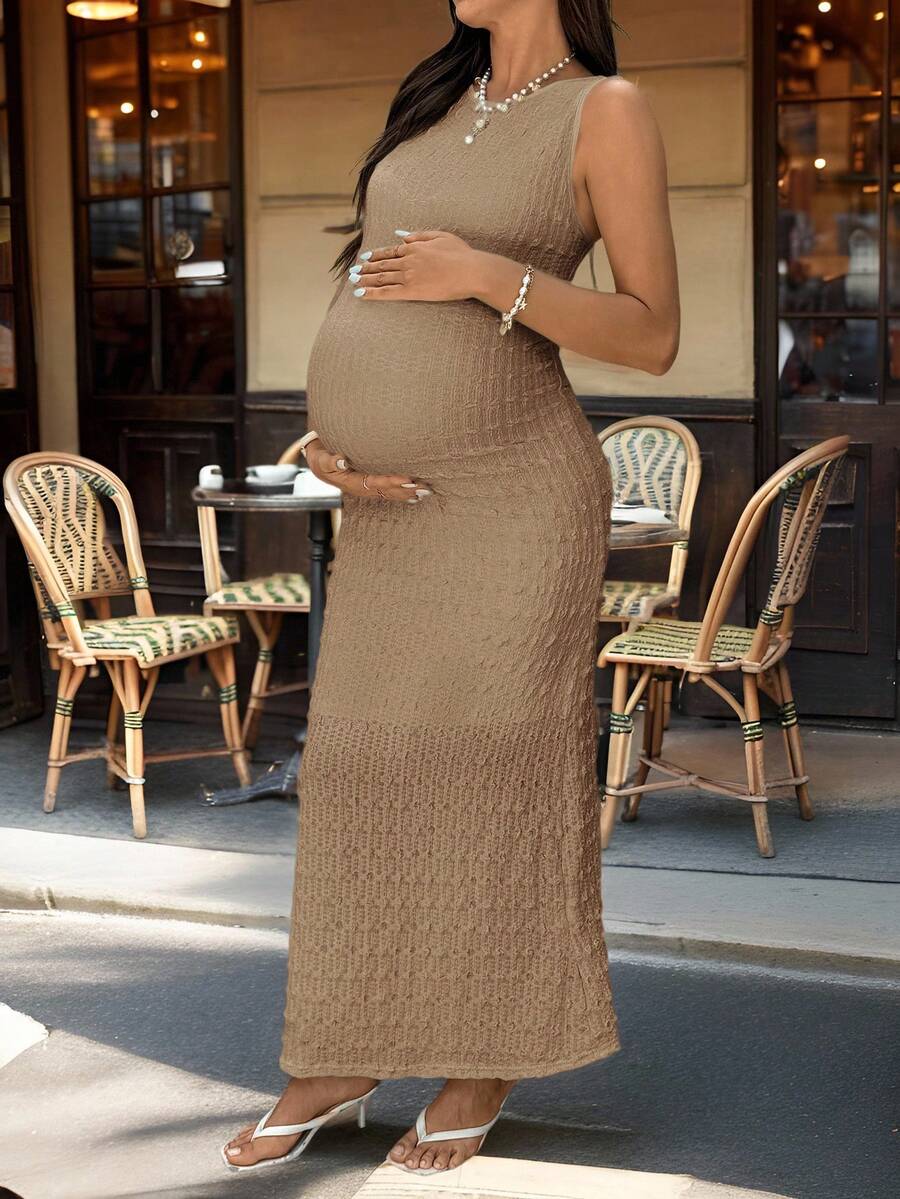 Solid Color Round Neck Ruffle Sleeveless Slim Fit Maternity Dress, Summer Maternity White Dress Maternity Maxi Dress Pregnancy Photoshoot Dress Knit Maxi Dress
