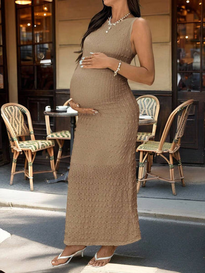 Solid Color Round Neck Ruffle Sleeveless Slim Fit Maternity Dress, Summer Maternity White Dress Maternity Maxi Dress Pregnancy Photoshoot Dress Knit Maxi Dress