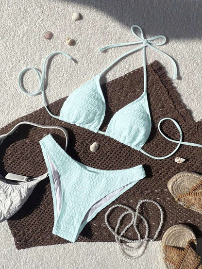 Women's Spaghetti Strap Halter Bikini Set - Tie Back, Side High Cut, Triangle Cup, White