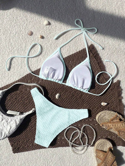 Women's Spaghetti Strap Halter Bikini Set - Tie Back, Side High Cut, Triangle Cup, White
