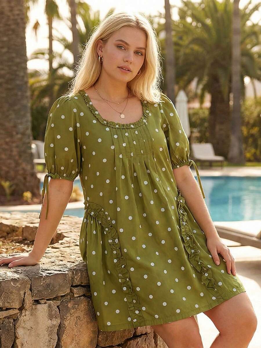Yellow Polka Dot Maternity Smock Dress with Puff Sleeves and Ruffle Trim - Loose High Waist Summer Beach Mini Dress