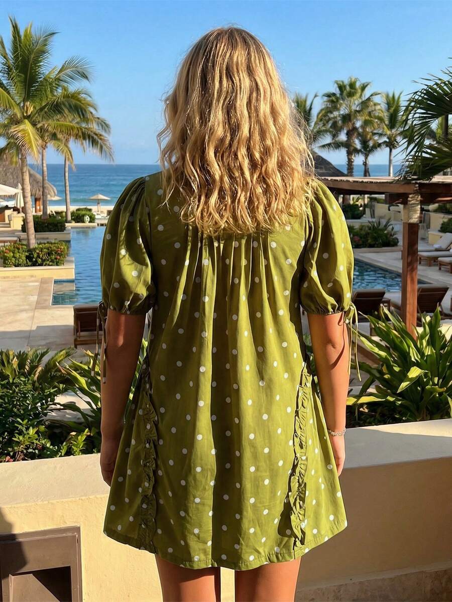 Yellow Polka Dot Maternity Smock Dress with Puff Sleeves and Ruffle Trim - Loose High Waist Summer Beach Mini Dress