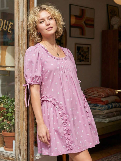 Yellow Polka Dot Maternity Smock Dress with Puff Sleeves and Ruffle Trim - Loose High Waist Summer Beach Mini Dress