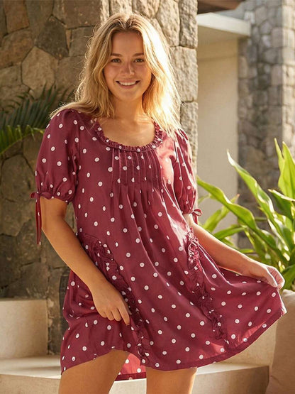 Yellow Polka Dot Maternity Smock Dress with Puff Sleeves and Ruffle Trim - Loose High Waist Summer Beach Mini Dress