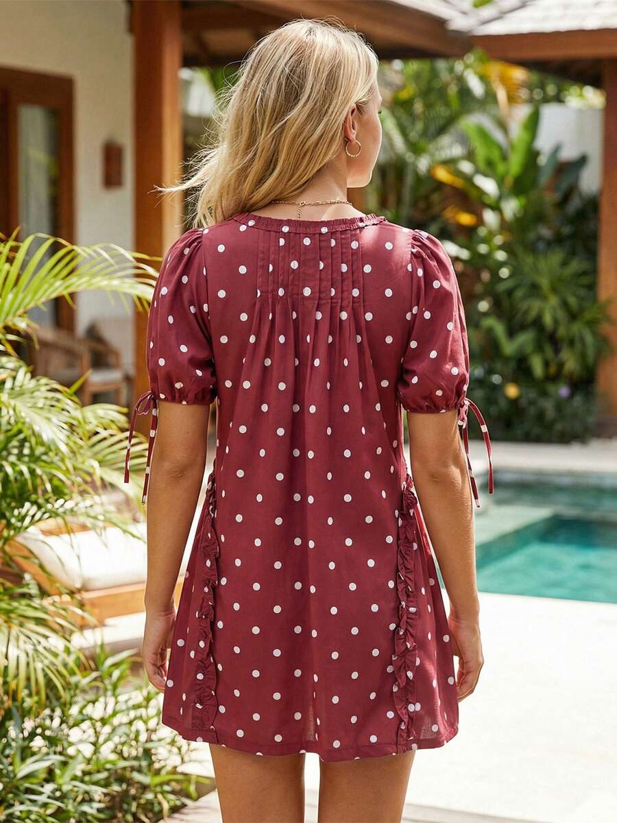 Yellow Polka Dot Maternity Smock Dress with Puff Sleeves and Ruffle Trim - Loose High Waist Summer Beach Mini Dress