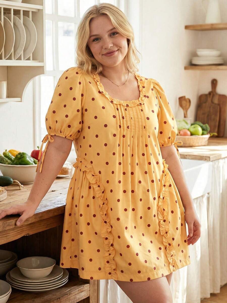 Yellow Polka Dot Maternity Smock Dress with Puff Sleeves and Ruffle Trim - Loose High Waist Summer Beach Mini Dress