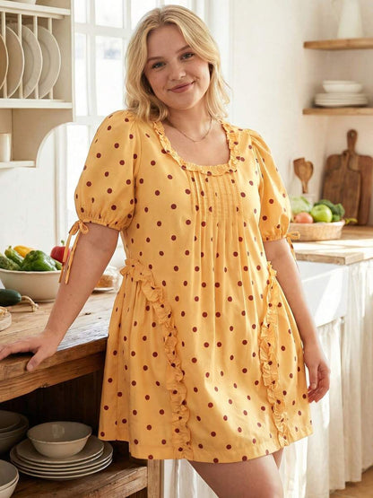 Yellow Polka Dot Maternity Smock Dress with Puff Sleeves and Ruffle Trim - Loose High Waist Summer Beach Mini Dress