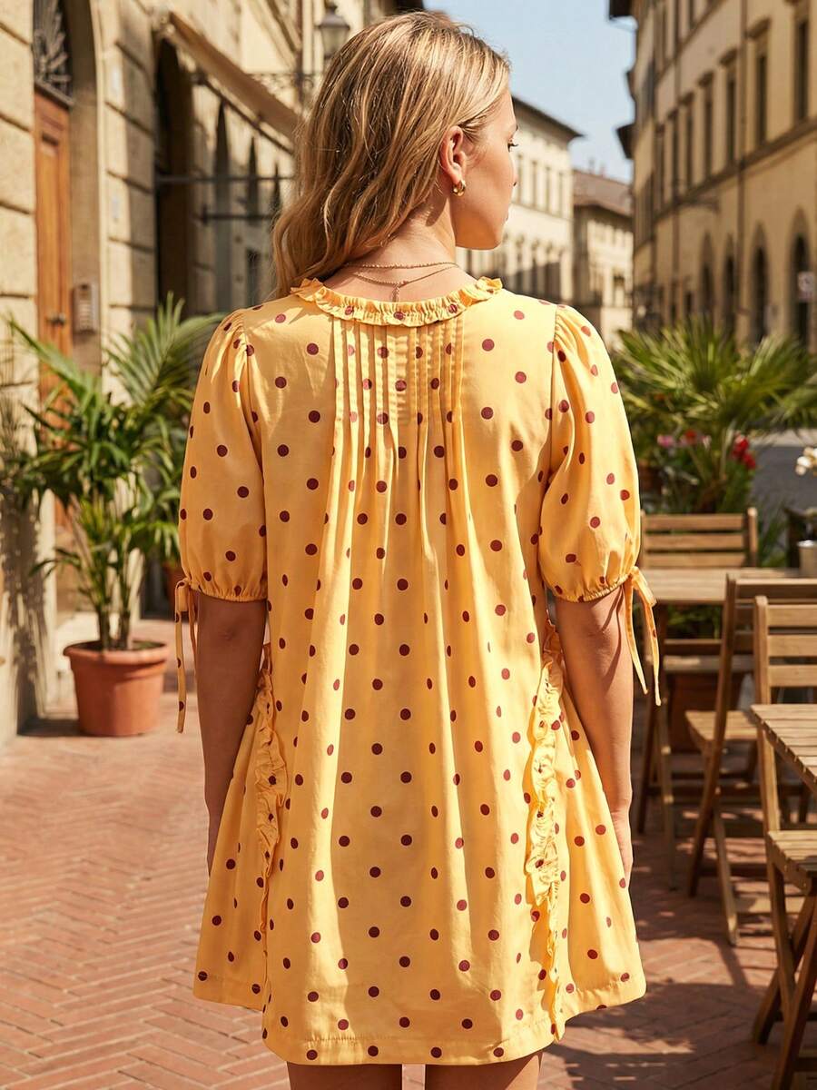 Yellow Polka Dot Maternity Smock Dress with Puff Sleeves and Ruffle Trim - Loose High Waist Summer Beach Mini Dress