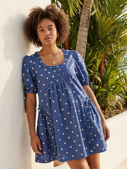 Yellow Polka Dot Maternity Smock Dress with Puff Sleeves and Ruffle Trim - Loose High Waist Summer Beach Mini Dress
