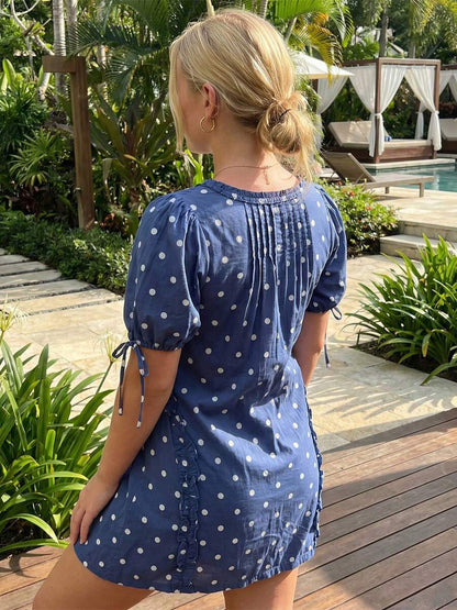 Yellow Polka Dot Maternity Smock Dress with Puff Sleeves and Ruffle Trim - Loose High Waist Summer Beach Mini Dress
