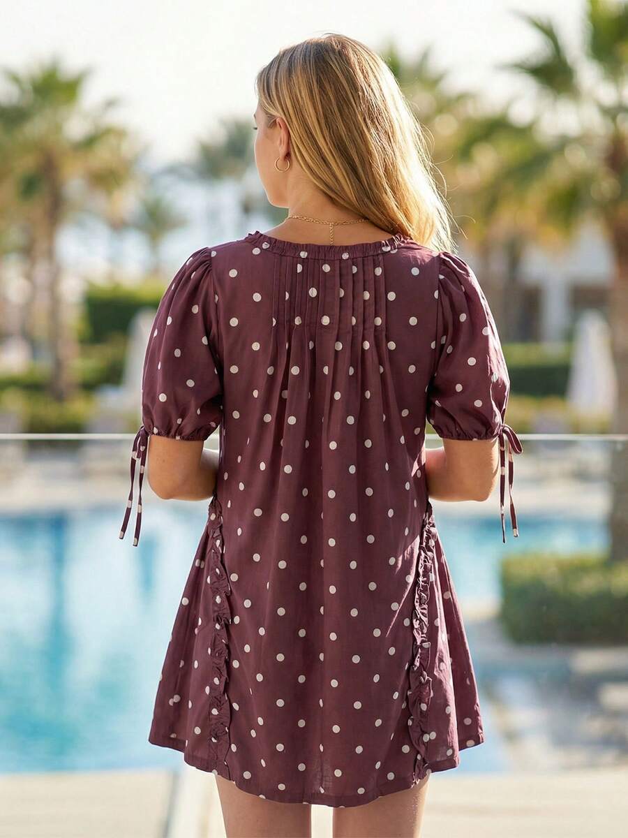 Yellow Polka Dot Maternity Smock Dress with Puff Sleeves and Ruffle Trim - Loose High Waist Summer Beach Mini Dress