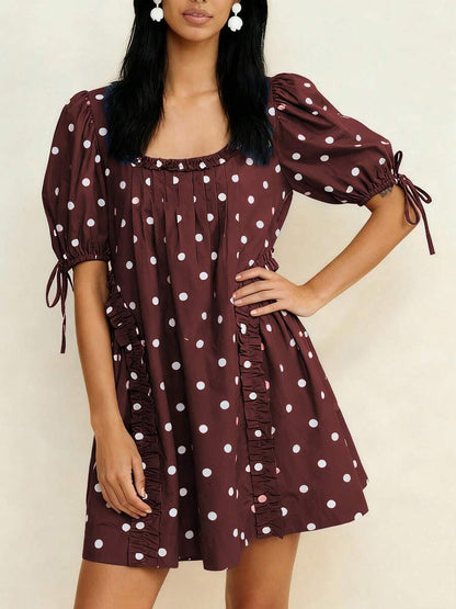 Yellow Polka Dot Maternity Smock Dress with Puff Sleeves and Ruffle Trim - Loose High Waist Summer Beach Mini Dress