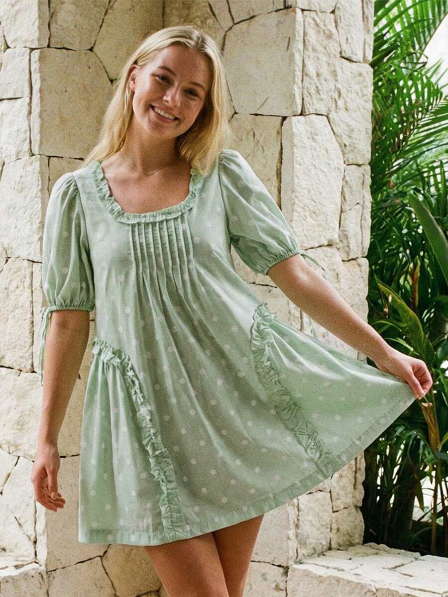 Yellow Polka Dot Maternity Smock Dress with Puff Sleeves and Ruffle Trim - Loose High Waist Summer Beach Mini Dress