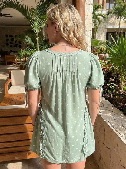 Yellow Polka Dot Maternity Smock Dress with Puff Sleeves and Ruffle Trim - Loose High Waist Summer Beach Mini Dress