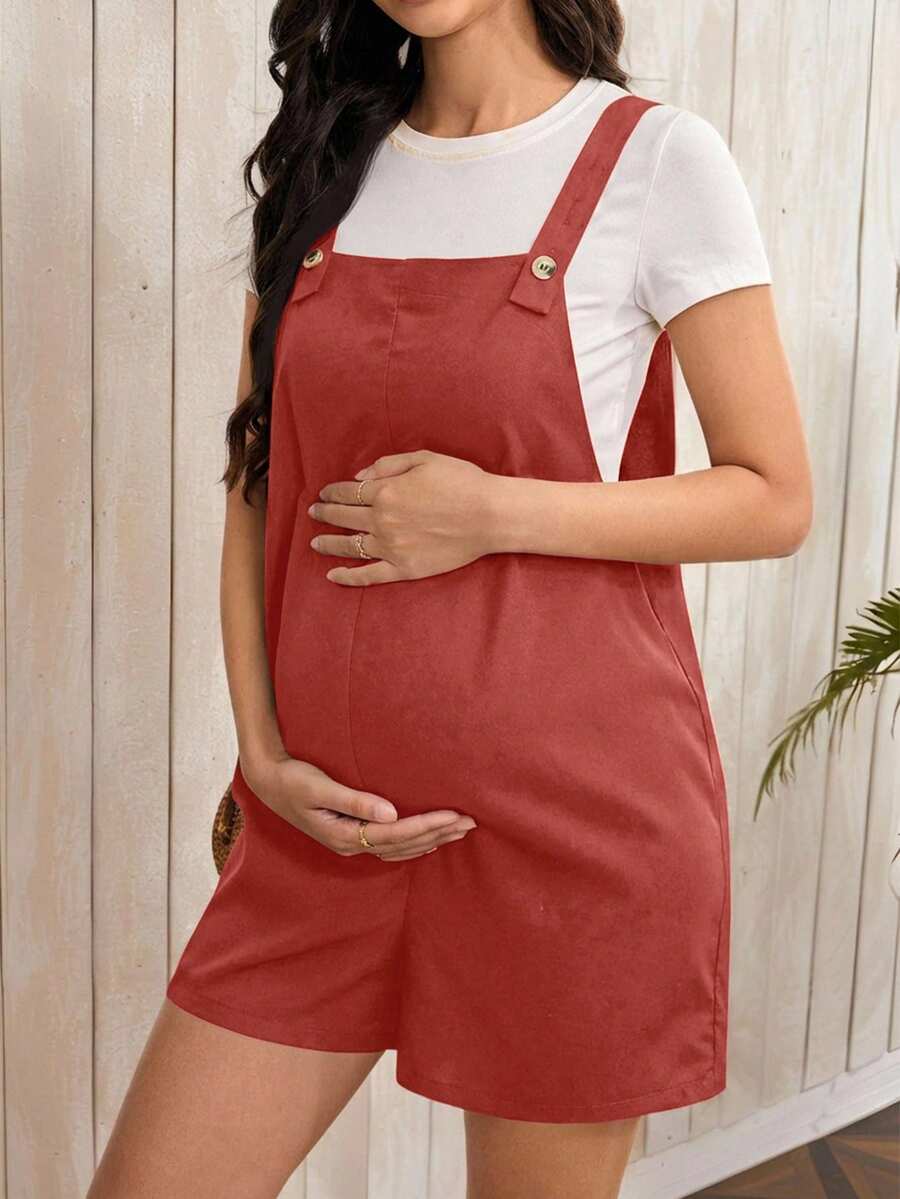 Navy Blue Maternity Button Pocket Casual Bib Romper - Sleeveless Bermuda Length Woven Overall Jumpsuit for Street Style
