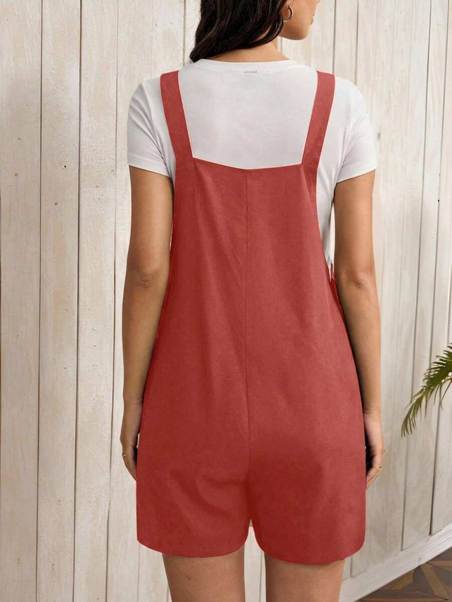 Navy Blue Maternity Button Pocket Casual Bib Romper - Sleeveless Bermuda Length Woven Overall Jumpsuit for Street Style