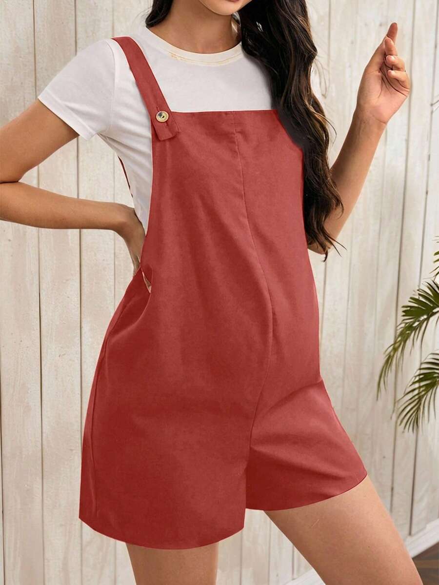 Navy Blue Maternity Button Pocket Casual Bib Romper - Sleeveless Bermuda Length Woven Overall Jumpsuit for Street Style