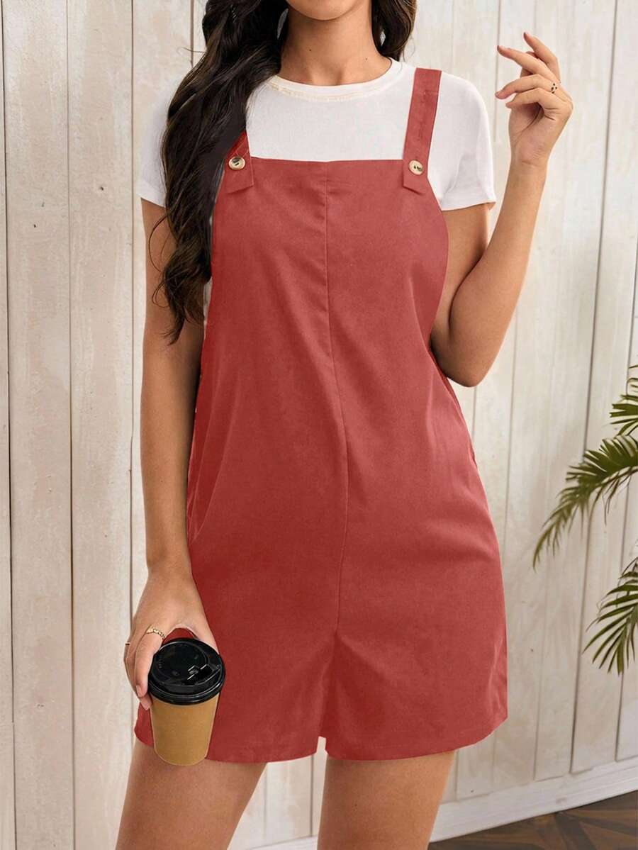 Navy Blue Maternity Button Pocket Casual Bib Romper - Sleeveless Bermuda Length Woven Overall Jumpsuit for Street Style