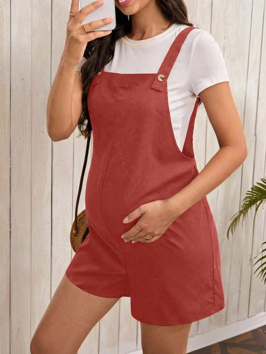 Navy Blue Maternity Button Pocket Casual Bib Romper - Sleeveless Bermuda Length Woven Overall Jumpsuit for Street Style