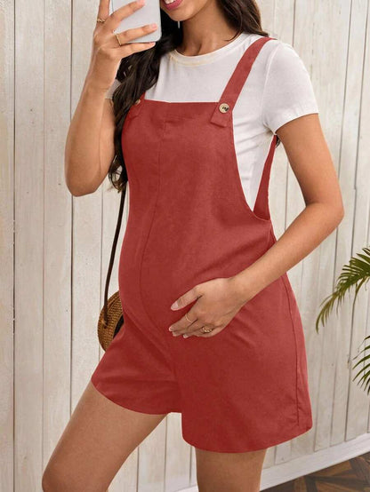 Navy Blue Maternity Button Pocket Casual Bib Romper - Sleeveless Bermuda Length Woven Overall Jumpsuit for Street Style