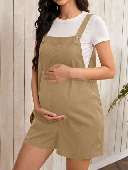 Navy Blue Maternity Button Pocket Casual Bib Romper - Sleeveless Bermuda Length Woven Overall Jumpsuit for Street Style