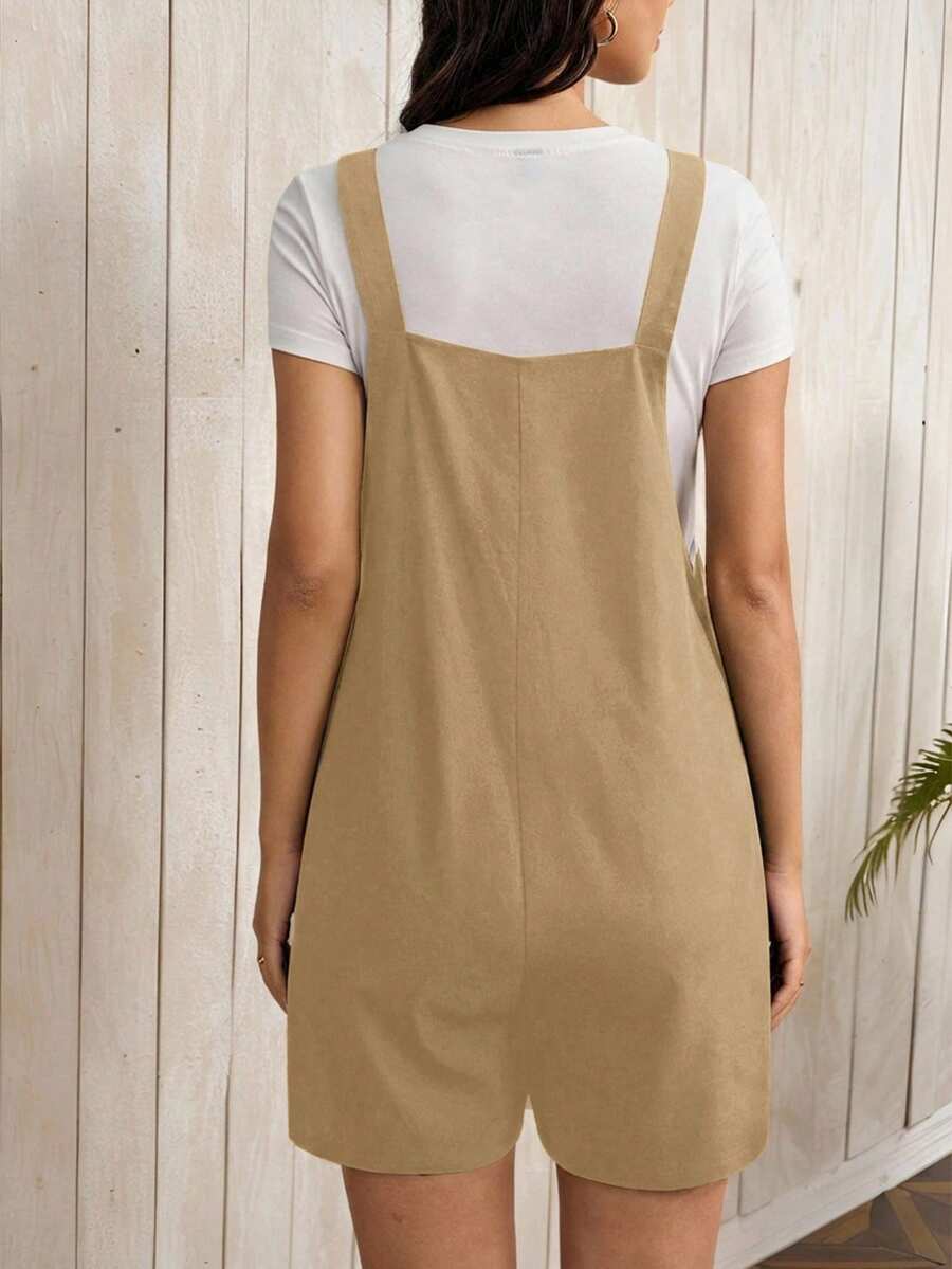 Navy Blue Maternity Button Pocket Casual Bib Romper - Sleeveless Bermuda Length Woven Overall Jumpsuit for Street Style