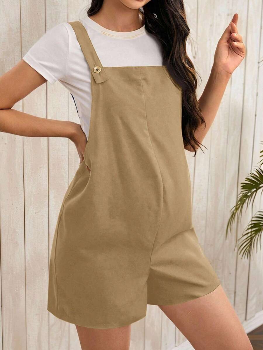 Navy Blue Maternity Button Pocket Casual Bib Romper - Sleeveless Bermuda Length Woven Overall Jumpsuit for Street Style
