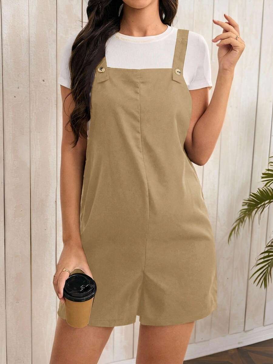 Navy Blue Maternity Button Pocket Casual Bib Romper - Sleeveless Bermuda Length Woven Overall Jumpsuit for Street Style