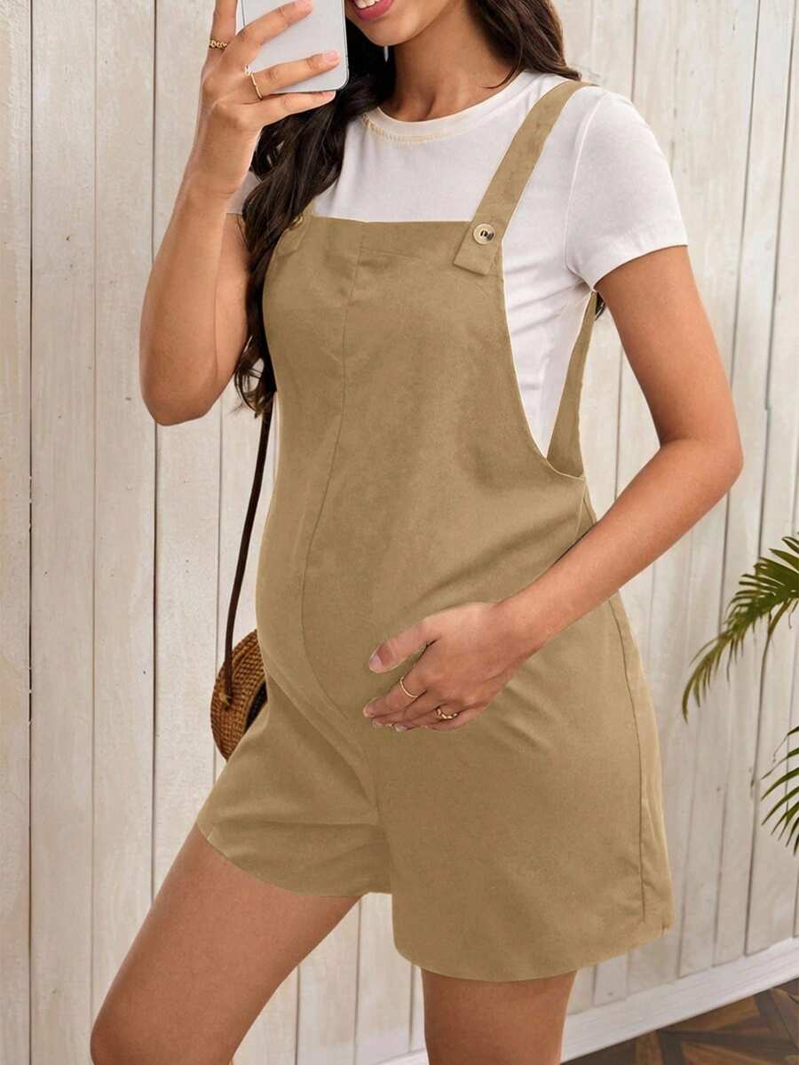Navy Blue Maternity Button Pocket Casual Bib Romper - Sleeveless Bermuda Length Woven Overall Jumpsuit for Street Style