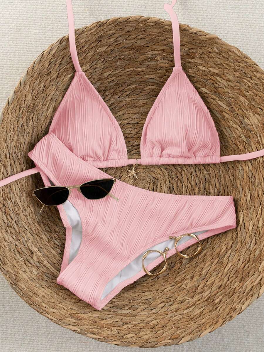 Swim Vcay 2026 Spring/Summer Women's Spaghetti Strap Halter Neck Black Base White Polka Dot Random Print Sweet Cute Side High Cut Bikini Swimwear 2-Piece Set Vacation Bikini Set Pink Bikini Set High Leg Bikini Set Modest Bikini Set Bikini Set