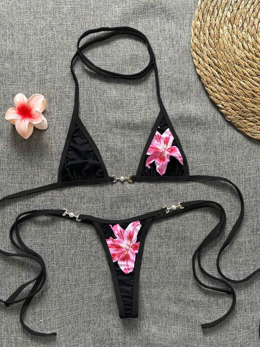 Swim Vcay Swim SXY 2pcs Women's New Floral Print Spaghetti Strap Backless Micro Triangle Top And Thong Sexy Bikini Set Set